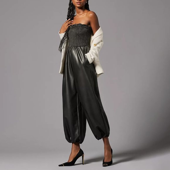 By Anthropologie Faux Leather Balloon Jumpsuit